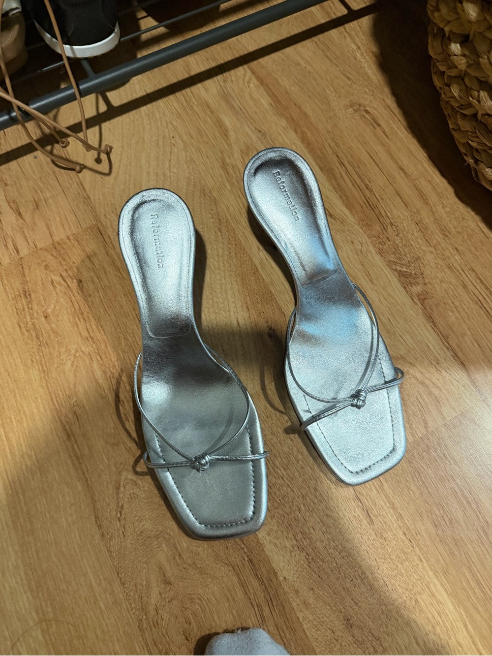 Reformation Metallic Silver Knot Slide Mules